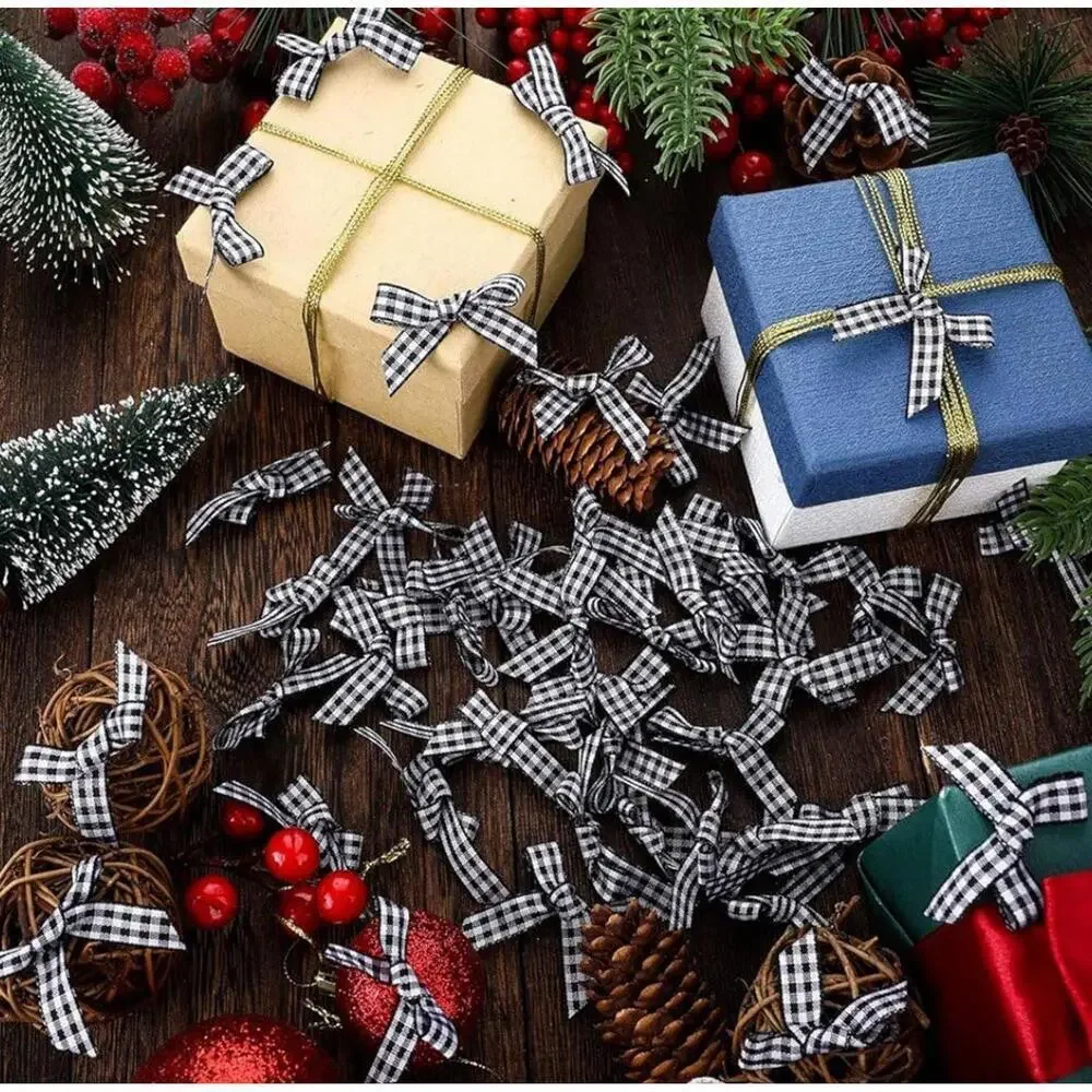 Gingham Mini Christmas Plaid Bows Holiday Decorative Bows  - 25 Piece Set